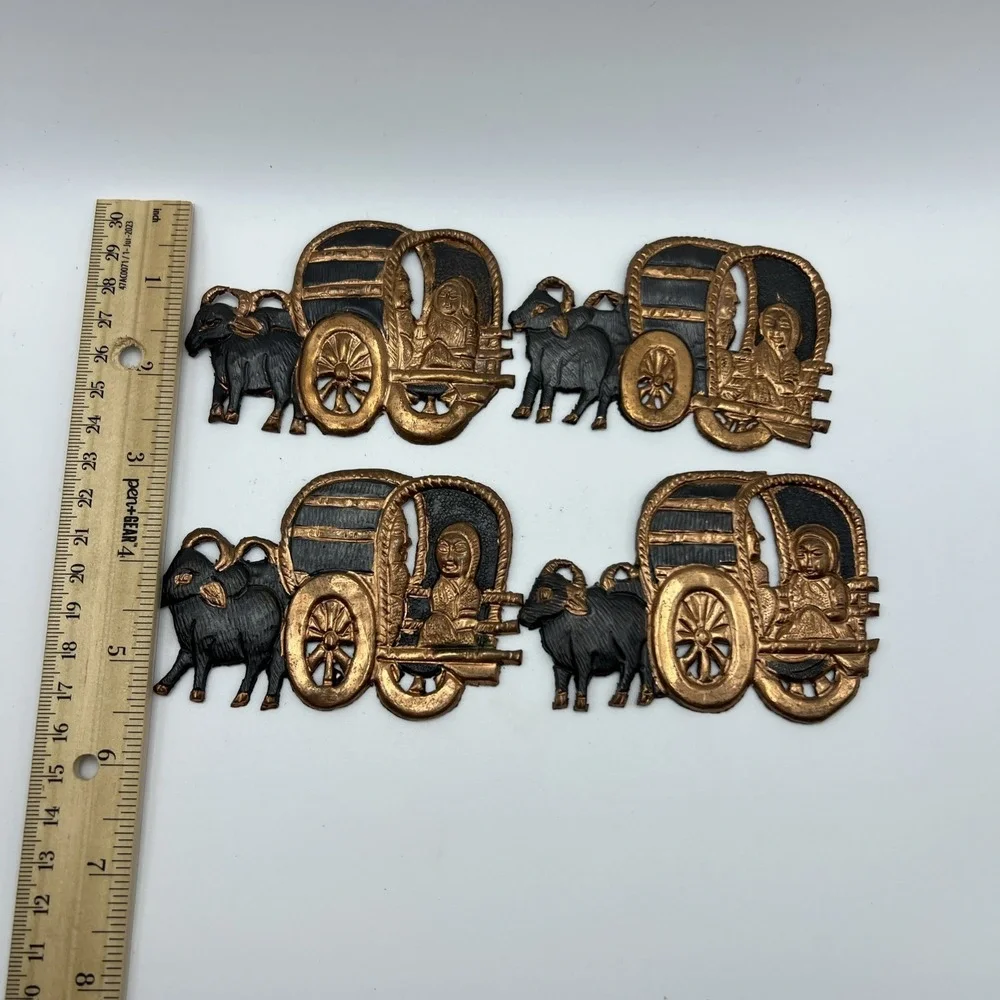 X4 Covered  Wagon Cattle Women Copper Metal Wall Hangings VTG